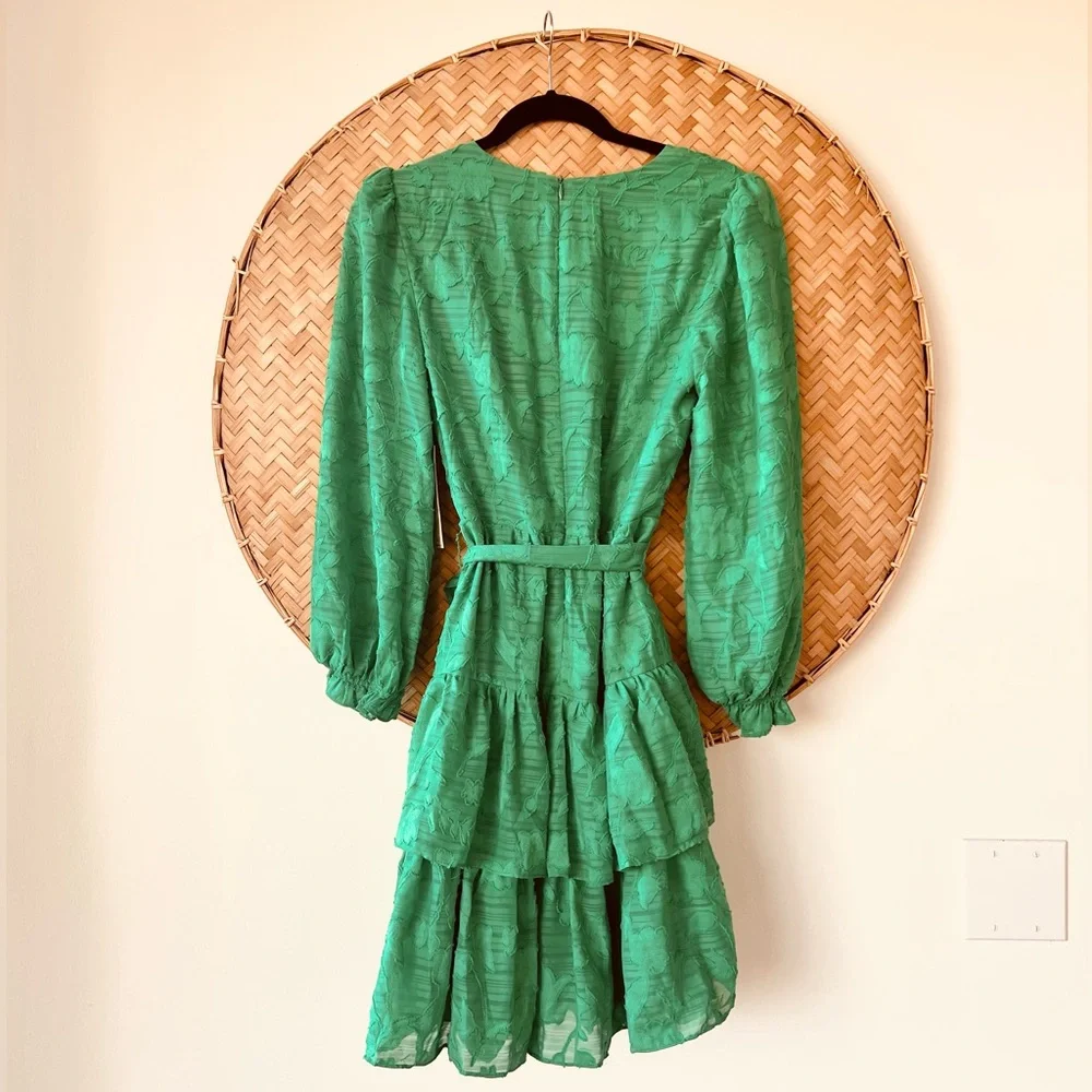 WOMEN’S NWT ELIZA-J GREEN FLORAL TEXTURE BALLOON SLEEVE A-LINE‎ DRESS TIERED HEM